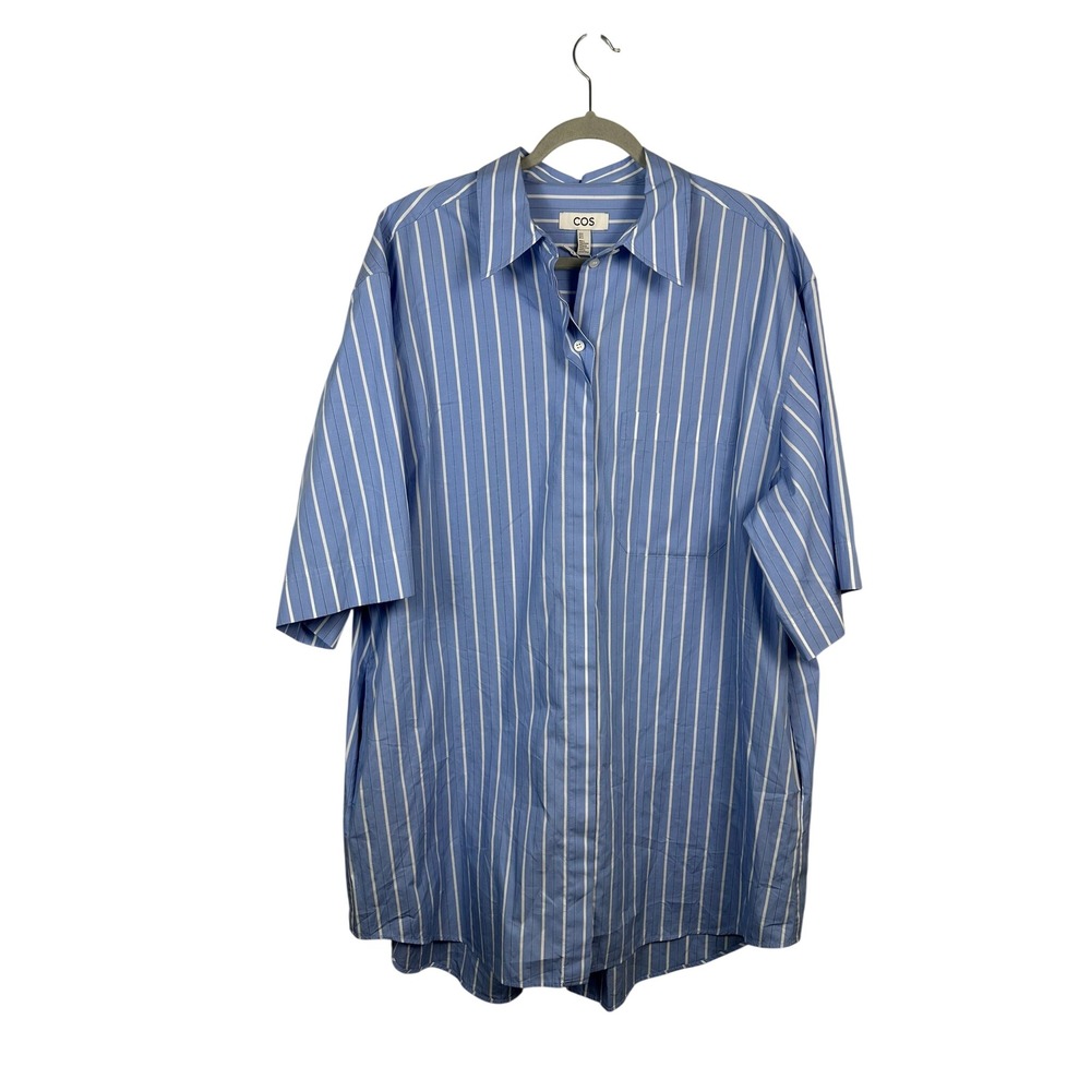 COS Striped Button Down  14 Blue White Oversized Short Sleeve